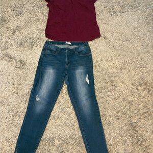 Kensie Dark Blue Skinny Jeans with Liz Claiborne shirt, size medium